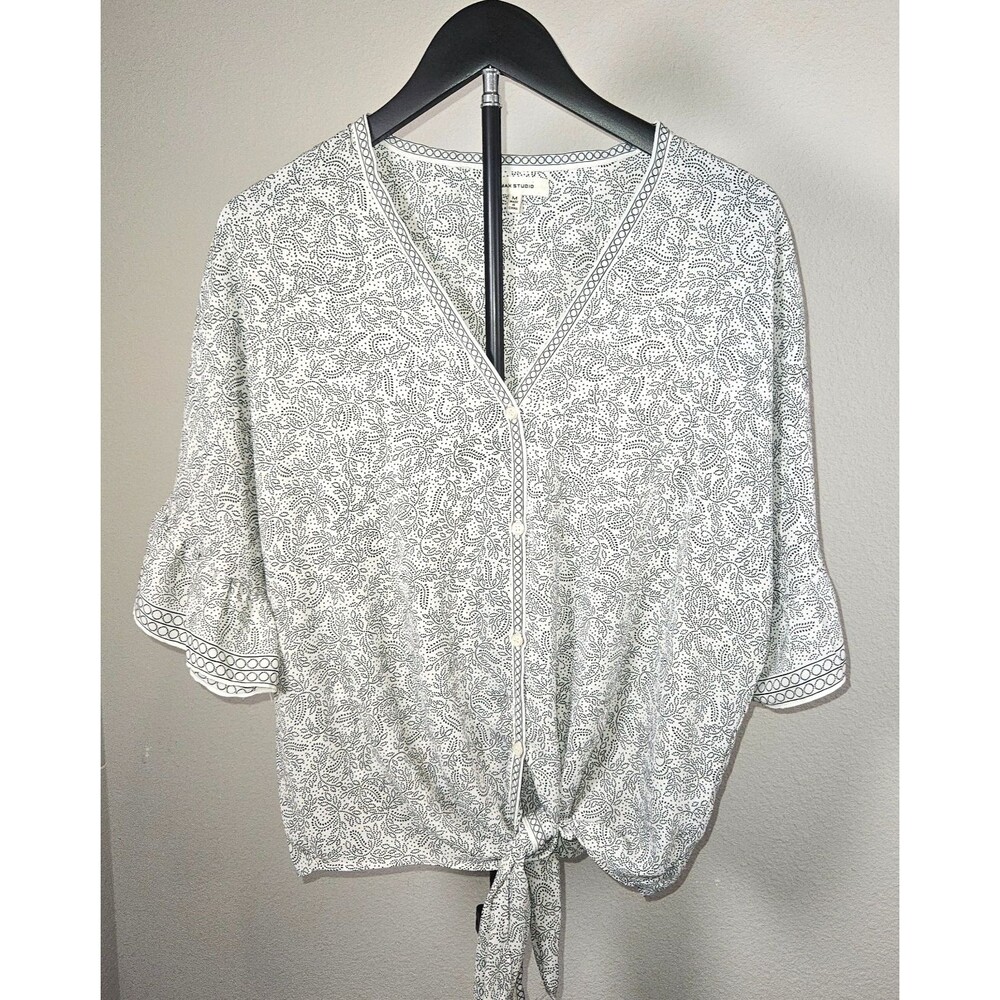 Max Studio Womens Medium White Black Floral Dot Tie Front Blouse Boho Top